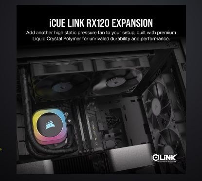 Picture of Corsair RX120 iCUE LINK PWM Single Fan Expansion. Black Fan - Glass fiber-reinforced LCP fan blades