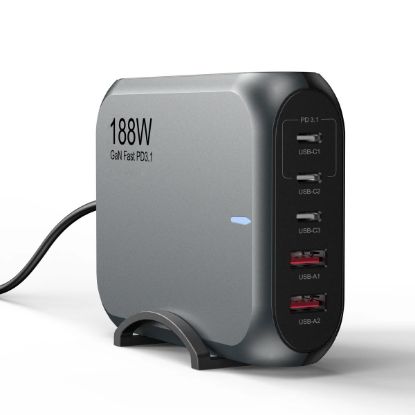 Picture of USP 188W Five Ports USB-C PD GaN Wall Charger Black - 3x USB-C, 2x USB-A, Efficient, High Quality, Tablet, Laptop,Watch, iPhone, Samsung Galaxy