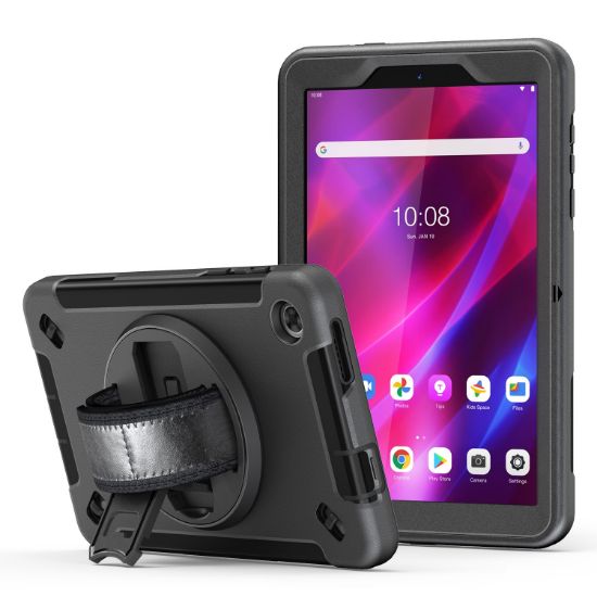 Picture of USP Rugged Lenovo Tab M8 (4th Gen) (8') (TB-300) Case + Screen Protector Black - Built-in-Kickstand, Adjustable Hand Strap, Shoulder Strap