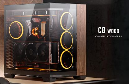 Picture of Antec C8 Wood ATX, E-ATX, Seamless Edge View Front and Side, USB-C, 4mm Tempered Glass, 360mm liquid cooler top, bottom, side. 2x USB 3.0 Black Case.