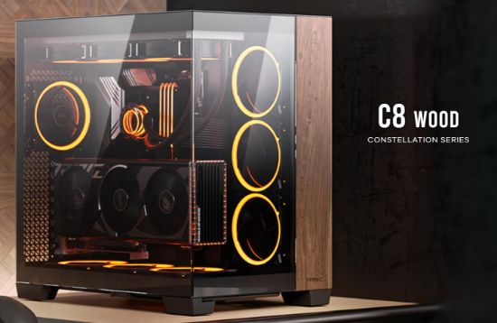 Picture of Antec C8 Wood ATX, E-ATX, Seamless Edge View Front and Side, USB-C, 4mm Tempered Glass, 360mm liquid cooler top, bottom, side. 2x USB 3.0 Black Case.
