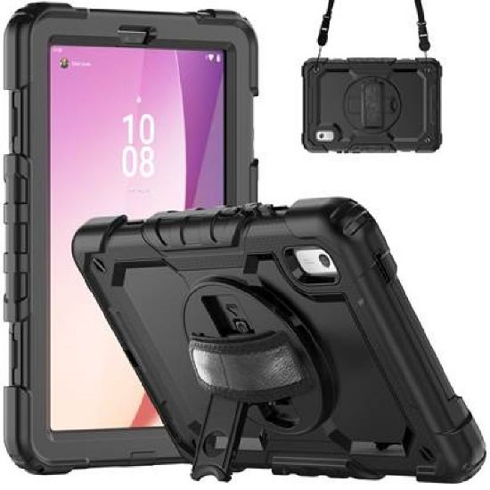 Picture of USP Rugged Lenovo Tab M9 (9') Case + Screen Protector Black - Built-in-Kickstand, Adjustable Hand Strap, Shoulder Strap, Reinforced Corners