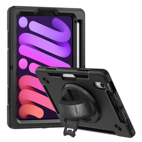 Picture of USP Rugged Apple iPad Mini A17 Pro (7th Gen)/ iPad Mini (8.3') (6th Gen) Case with Sling Black-Built-in-Kickstand,Adjustable Hand Strap,Shoulder Strap