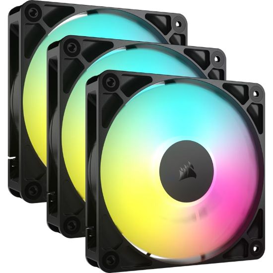 Picture of Corsair RS120 ARGB 120mm PWM Fans - Triple Pack - Black: 72.8 CFM, 2100 RPM, 36 dBA, 0.4A, RGB lighting, Static Pressure, Magnetic Dome Bearing