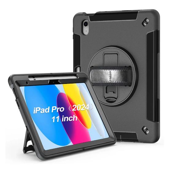 Picture of USP Rugged Apple iPad Pro M4 (11') (5th Gen) Case Black - Built-in-Kickstand, Adjustable Hand Strap, Shoulder Strap, Pen Holder,DropProof, ShockProof