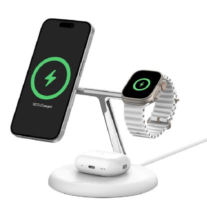 Picture of Belkin BoostCharge Pro 3-in-1 Magnetic Wireless Charging Stand with Qi2 15W White(WIZ023AUWH), 36W USB-C PSU,Fast Charging,CEW $2500, 2 Years Warranty