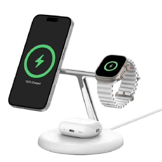 Picture of Belkin BoostCharge Pro 3-in-1 Magnetic Wireless Charging Stand with Qi2 15W White(WIZ023AUWH), 36W USB-C PSU,Fast Charging,CEW $2500, 2 Years Warranty