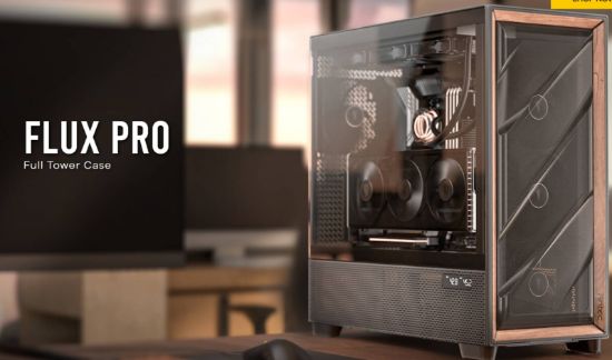 Picture of Antec FLUX PRO, E-ATX, Premium Walnut, Iunity Temperature Disp. CPU and GPU LED Display, 6x High Performance Fans, ARGB PWN Ctrl, PSU Shift, Case