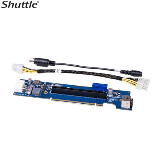 Picture of Shuttle XPCs Add-On Cards includes a PCIe riser card with a Molex power cable and a power extender cable