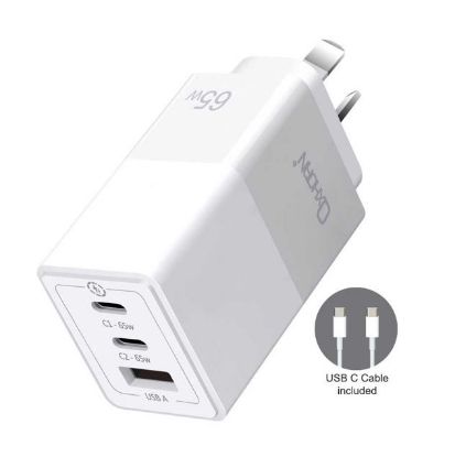 Picture of Oxhorn 65W GaN Type C fast Charger 3 Port 2xUSB-C 1xUSB-A PD3.0 QC4.0 PPS AUS Approved C-tick White with cable