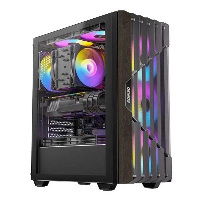 Picture of OKINOS Cypress P5 ARGB Oak Wood Trim ATX, 4x120mm ARGB Non-PWM Fans Pre-Installed,Type-C,Tempered Glass Side Panel,Black Mid-Tower Case