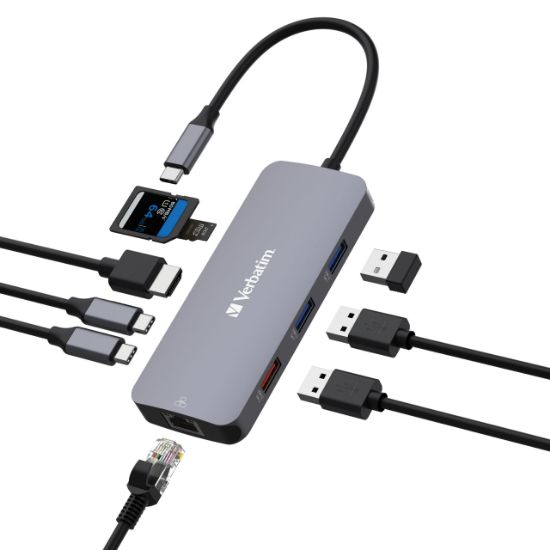 Picture of Verbatim USB-C Pro Multiport Hub 9 Ports,1 x HDMI, 1 x RJ45, 2 x USB-C 3.2 Gen2, 1 x USB-A 3.2 Gen2, 2 x USB-A 3.2 Gen1, 1 x SD card slot, 1 x microSD