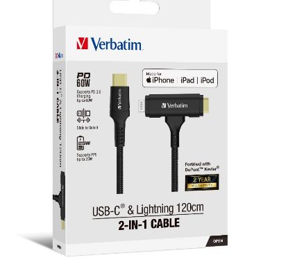 Picture of Verbatim 2-in-1 Cable Type C to C & Lightning Kevlar Slide 120cm -BLK