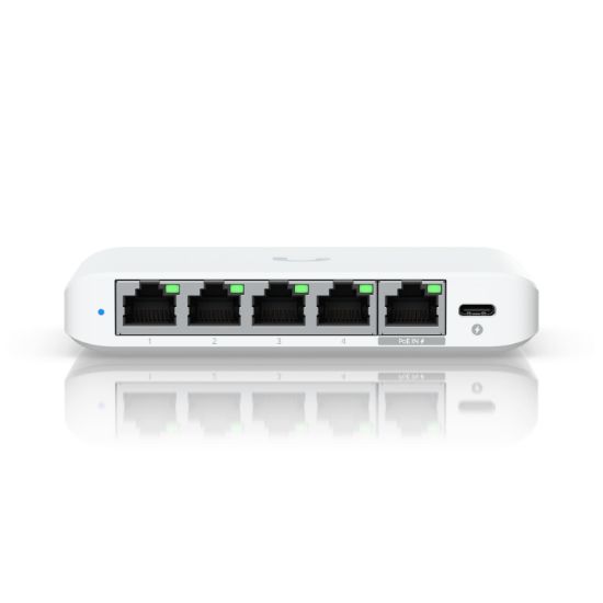Picture of Ubiquiti Flex Mini 2.5G, (4) 2.5 GbE Ports, (1) 2.5 GbE PoE Input Port for Power,
