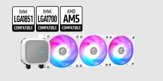 Picture of MSI MAG CORELIQUID A13 360 WHITE, 2.4', IPS, USB 2.0 pin header, SATA, 2 fans, Two Ball Bearing, AM5 / AM4, 3 Year warranty