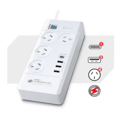 Picture of Sansai 4 Outlet 3xUSB-A & 1xUSB-C Powerboard Master On/Off switch Surge and overload protected Fast charging 1M 20W 220-240V 10A IV Retail box