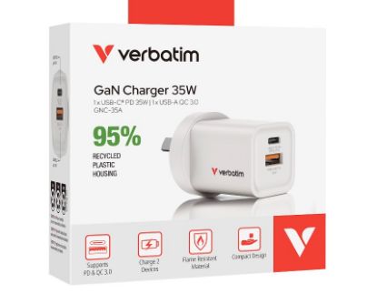 Picture of Verbatim 2 Port 35 Watt Portable GaN charger, 1 x USB-C PD 35w, 1x USB-A QC 3.0, Compact Design Apple, Android, Samsung, Google, Huawei, Oppo