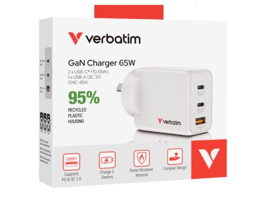Picture of Verbatim 3 Port 65 Watt Portable GaN charger, 2 x USB-C PD 65w, 1x USB-A QC 3.0, GNC-65A Compact Design Apple, Android, Samsung, Google, Huawei, Oppo,