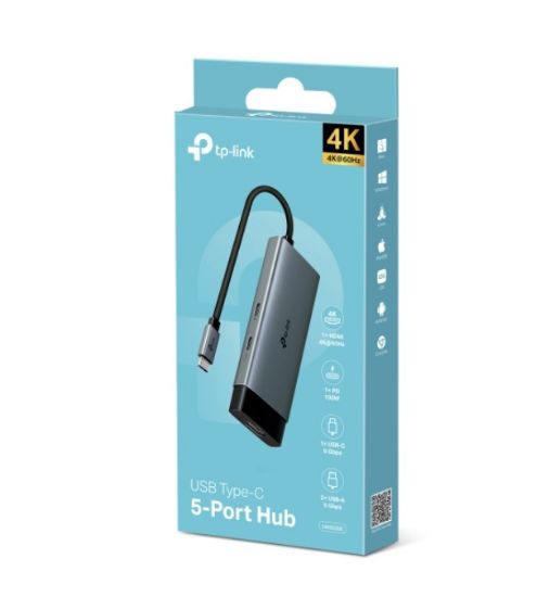 Picture of TP-Link UH5020C USB Type-C 5 in 1 Hub, 4K@60Hz HDMI, 100W Power Delivery, 1× USB-C Data Port, 2× USB-A Data Ports.