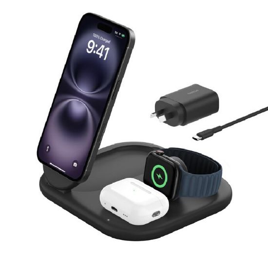 Picture of Belkin BoostCharge 3-in-1 Magnetic Foldable Wireless Charger 15W With Qi2 - Black (WIZ029auBK),30W USB-C PS,1.5m USB-C to USB-C Cable,2 Years Warranty