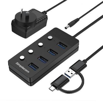 Picture of Simplecom CH345C SuperSpeed USB-A and USB-C to 4-Port USB 3.0 Hub 5Gbps Individual Switches and Power Adapter