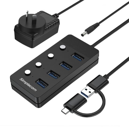 Picture of Simplecom CH345C SuperSpeed USB-A and USB-C to 4-Port USB 3.0 Hub 5Gbps Individual Switches and Power Adapter