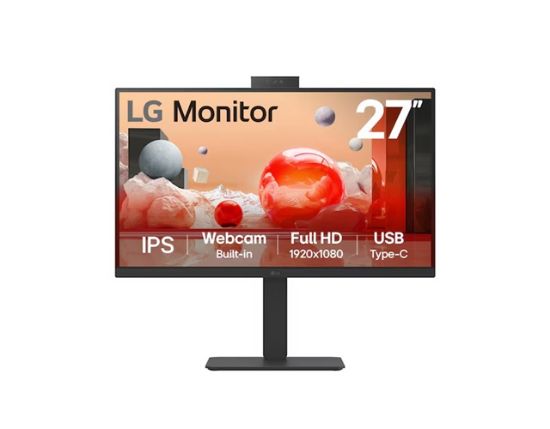 Picture of LG 27' IPS FHD 1920 x 1080, Webcam, USB-C (PD65w) 100Hz 5ms, AMD FreeSync 16:9 Tilt/Height/Swivel/Pivot (Bi-direction) adjustable stand, 3yrs Monitor
