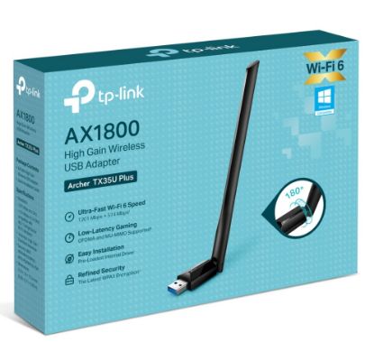 Picture of TP-Link Archer TX35U Plus AX1800 High Gain Wireless USB Adapter, 1201 Mbps at 5 GHz + 574 Mbps at 2.4 GHz, 1× High Gain External Antenna, USB 3.0
FEA