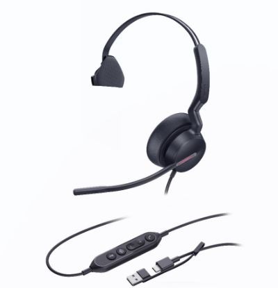 Picture of Yealink UH46 Mono Teams USB-C/A Microsoft Certified Teams USB Wired Headset 3-Noise-Canceling Microphones 35mm Speaker Busylight Leather Controller