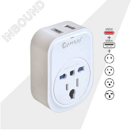 Picture of Sansai USB Travel Adaptor USB A + C 2xUSB Charging Outlets 100-240VAC 10A 2400W Compatible with plugs from many countries