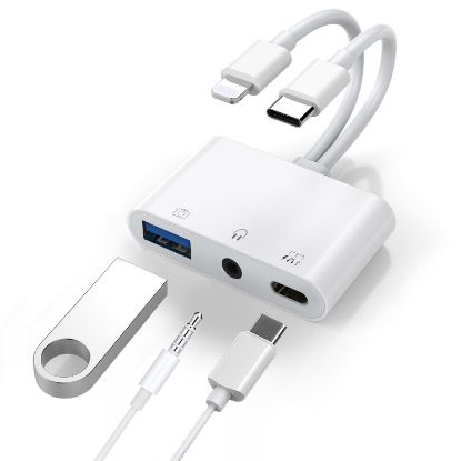 Picture of USP Lightning/USB-C to USB Adapter features a USB OTG Port, 3.5mm Headphone Jack & Fast-charging Port