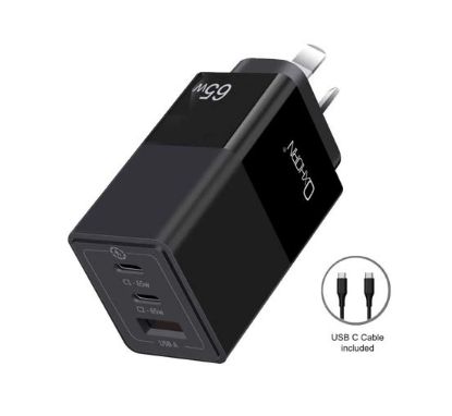 Picture of Oxhorn 65W GaN Type C fast Charger 3 Port 2xUSB-C 1xUSB-A PD3.0 QC4.0 PPS AUS Approved C-tick Black with cable