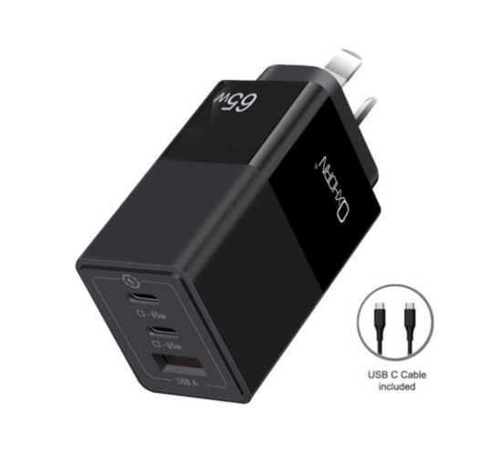 Picture of Oxhorn 65W GaN Type C fast Charger 3 Port 2xUSB-C 1xUSB-A PD3.0 QC4.0 PPS AUS Approved C-tick Black with cable