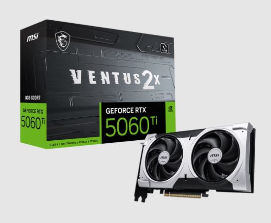 Picture of MSI nVidia GeForce RTX™ 5060 Ti 8G VENTUS 2X PLUS, PCI Express® Gen 5 x16 (uses x8), Boost: 2572 MHz, CUDA 4608 Units, 8GB GDDR7, HDMI™ x 1