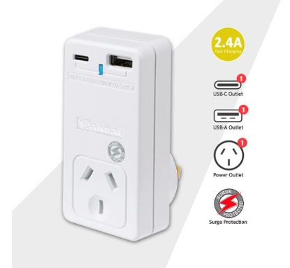 Picture of Sansai USB C + A 2xUSB charging Outlets Power Adaptor 240V 10A Surge protection Power status indicator Wall Charger