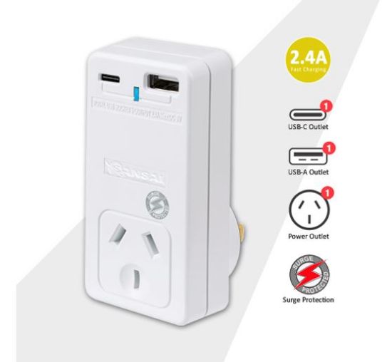 Picture of Sansai USB C + A 2xUSB charging Outlets Power Adaptor 240V 10A Surge protection Power status indicator Wall Charger
