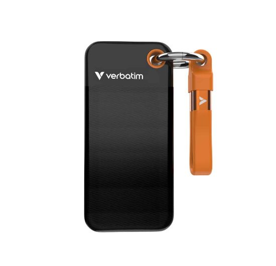 Picture of Verbatim 1TB Pocket SSD USB 3.2 Gen 2 1TB Black Orange Convenient Keyring cable holder. Compact, Rugged. Ultra Lightweight Performance 58g Portable B