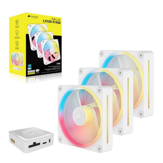 Picture of Corsair iCUE LINK LX120-R RGB 120mm PWM Reverse Fans Starter Kit Triple Pack - White: 66.7CFM, 2400RPM, 37.7dBA, 0.4A, Static Pressure, Magnetic Dome