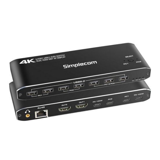 Picture of Simplecom KM590 2-Port USB-C Dual 4K HDMI Monitor KVM Switch and Docking Station with Network Sharing