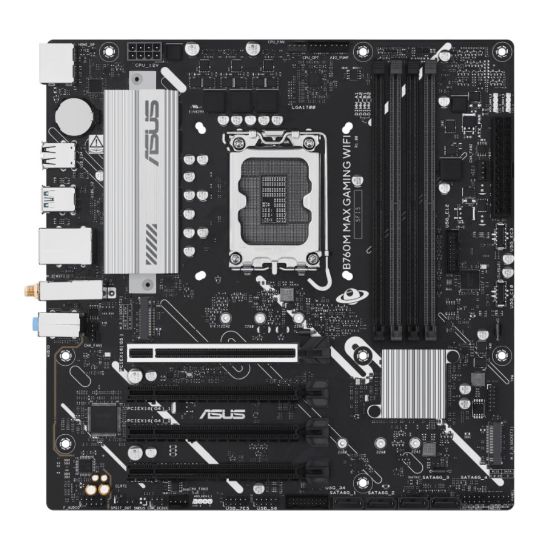 Picture of ASUS B760M MAX GAMING WIFI Intel LGA1700 mATX Motherboard, PCIe 5.0, DDR5, 3x M.2 slots, 1GB Ethernet, Wi-Fi 6, 1xDP, 1xHDMI, SATA 6Gbps, USB-C, AuraS