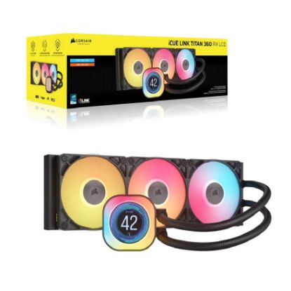 Picture of Corsair iCUE LINK TITAN 360 RX LCD Liquid CPU Cooler - Black: 73.5 CFM, 2100 RPM, 36 dBA, Aluminum Radiator, Copper Cold Plate, Intel/AMD Support