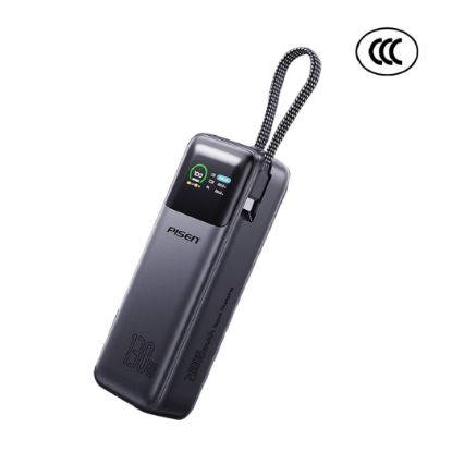 Picture of Pisen Bolt 20k mAh Laptop Power Bank + USB-C Cable - Grey, 130W, Smart LED Display, Fast Charging, Charge 3 Devices Simultaneously