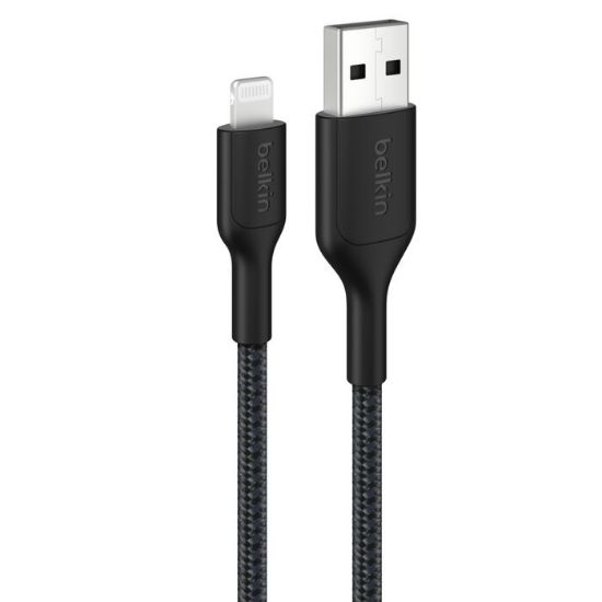 Picture of Belkin BoostCharge Pro Braided Lightning to USB-A Cable (0.15M) - Black (CAA020FQ0MBK), 2.4A/15W, 480Mbps, 350K Bends, MFI-Certified, 2 Years Warranty