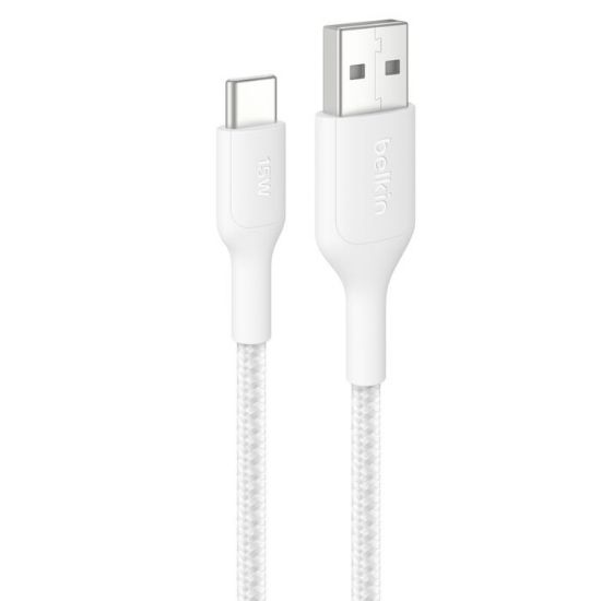 Picture of Belkin BoostCharge Pro Braided USB-C to USB-A Cable (1M) - White (CAB022fq1MWH), 3A/15W, 480Mbps, 350K+ Bends, Apple,USB-IF Certified,2 Years Warranty