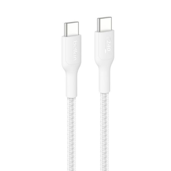 Picture of Belkin BoostCharge Pro Braided USB-C to USB-C Cable (2M) -White (CAB025fq2MWH), 5A/240W, 480Mbps, 350K+ Bend, USB-IF Certified, 2 Years Warranty