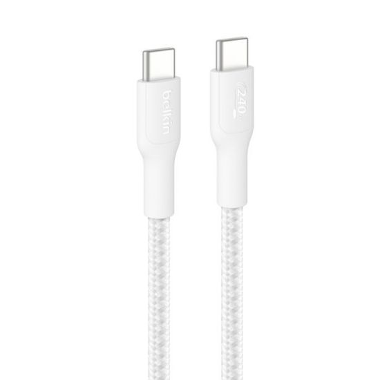 Picture of Belkin BoostCharge Pro Braided USB-C to USB-C Cable (3M) - White (CAB025fq3MWH), 5A/240W, 480Mbps, 350K+ Bend, USB-IF Certified, 2 Years Warranty