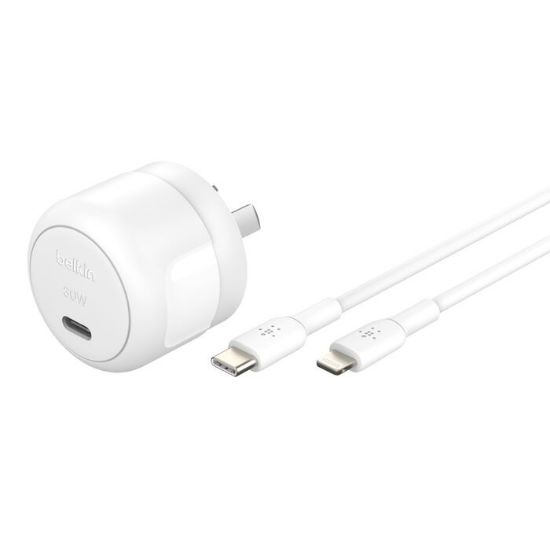 Picture of Belkin BoostCharge Compact 30W USB-C PD 3.1 Wall Charger + USB-C to Lightning Cable - White (WCA008au1MWH-B5), Apple iPhone, 2 Years Warranty