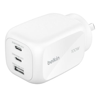 Picture of Belkin BoostCharge Pro 100W 3-Port GaN Wall Charger - White (WCH016AUWH), 2x USB-C, 1x USB-A, Compact Laptop Charger, CEW $2500, 2 Years Warranty