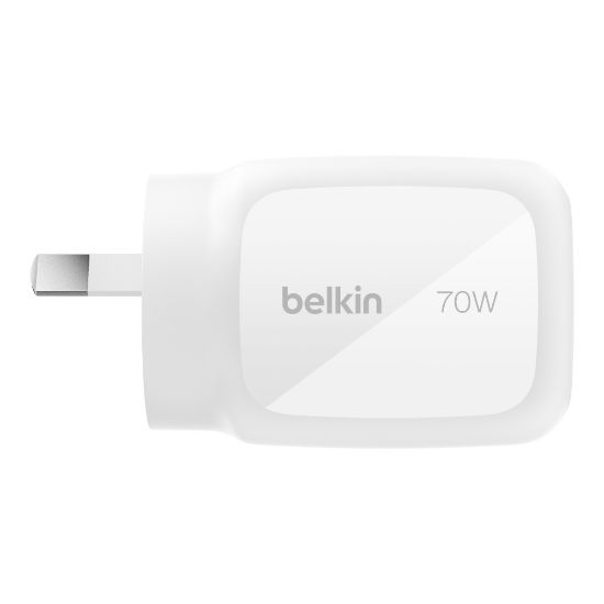 Picture of Belkin BoostCharge Pro 70W 3-Port GaN Wall Charger - White (WCH018AUWH), Compact & Powerful, Laptop Charger, Travel-Ready, 2 Years Warranty