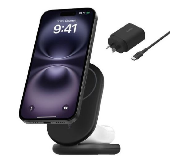 Picture of Belkin BoostCharge 2-in-1 Magnetic Foldable Qi2 Wireless Charger + 36W Wall Charger + USB-C Cable (1.5M) - Black (WIZ028auBK),15W, 2 Years Warranty